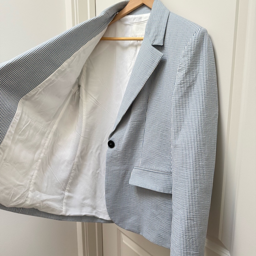 Zara Seersucker Blazer Blue and White Size M - Picture 4 of 9